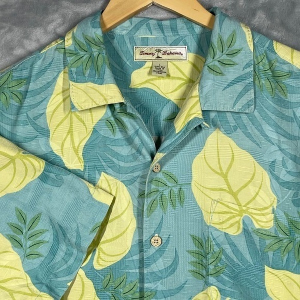 Tommy Bahama Mens Large Silk Tropical Leaf Camp Shirt Teal Yellow Short Sleeve